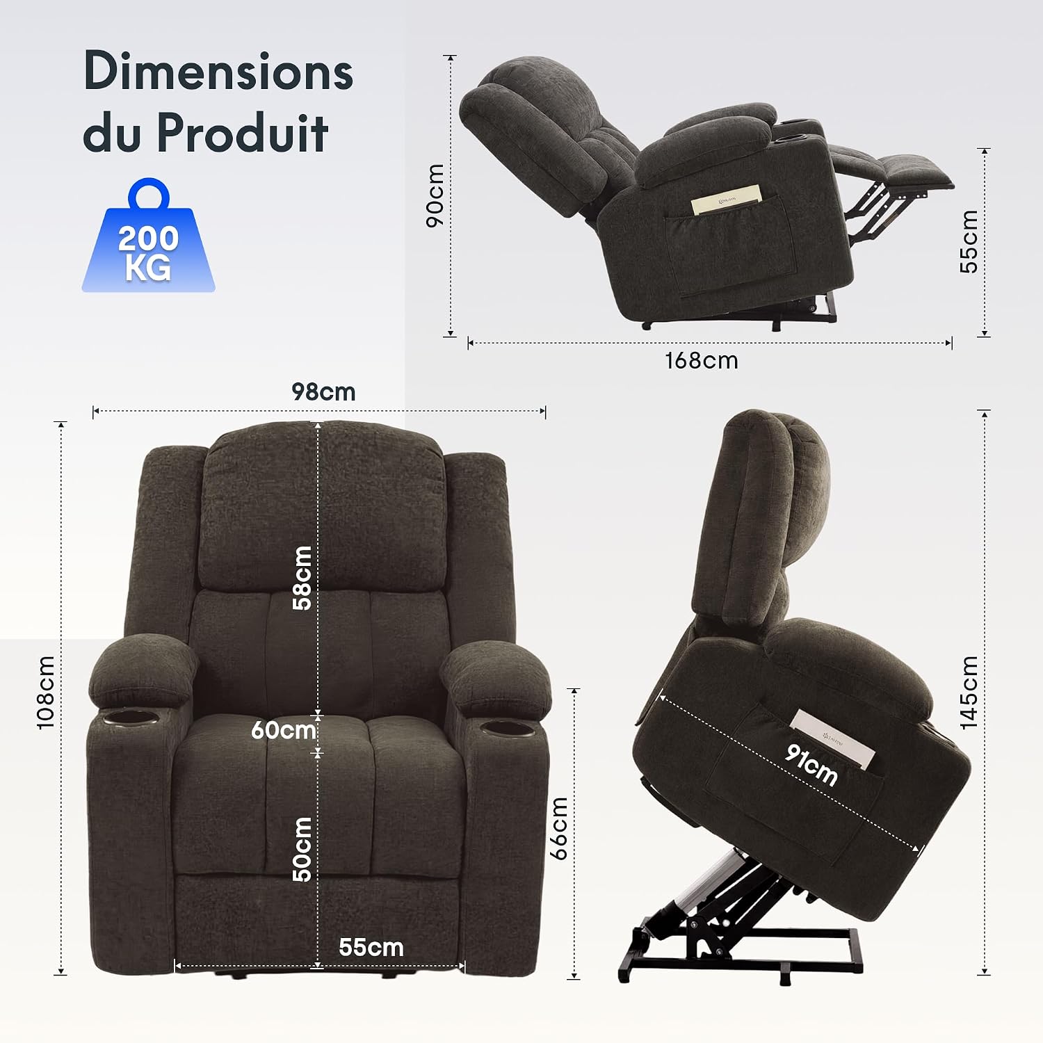 Fauteuil Releveur Électrique, Massage 8 Points et Chauffant, USB Gris Foncé Surdimensionné Prof - assise-60cm
