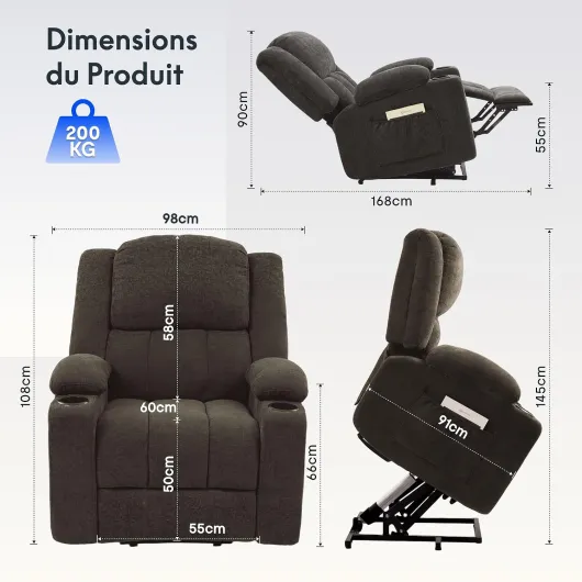 Fauteuil Releveur Électrique, Massage 8 Points et Chauffant, USB Gris Foncé Surdimensionné Prof - assise-60cm