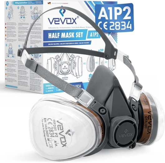 VEVOX® Masque respiratoire avec filtre A1P2 – Protection contre gaz, vapeurs et particules fines de poussière – Pour peinture, ponçagee et travaux – Avec 6 filtres P2 antiparticules et 2 A1 anti-gaz