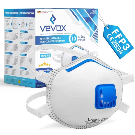 VEVOX® Masque FFP3, FFP2 ou FFP1 - Lot de 5, 10 ou 20 - Masques Travaux, Chantier et Bricolage anti Poussière avec Valve - Protection contre p - ex - Amiante, Peinture, Moisissure ou Produits Chimiques