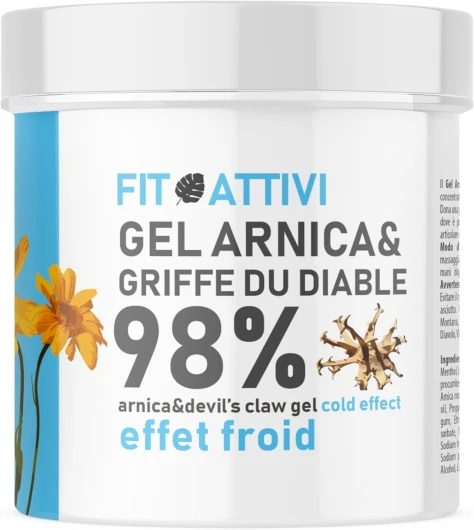 Gel Forte à l'Arnica 98% effet froid 550 ml avec Griffe du Diable, Vitamine E et Camphre, Gel de massage idéal pour les douleurs articulaires, 100% BIO Ingrédients Made in Italy - FITOATTIVI