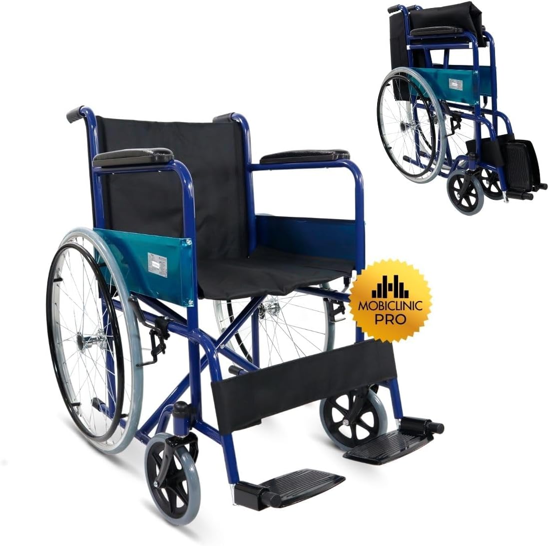 ®, Fauteuil roulant pliant, Alcázar, Marque européenne, Siège 46 cm, Frein manuel, Accoudoirs fixes et repose-pieds pliants, Pour personnes handicapées, Couleur bleu/noir
