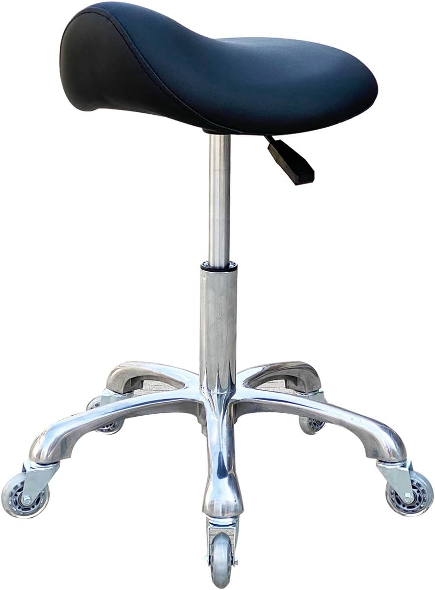 FRNIAMC Tabouret à selle professionnel avec roulettes ergonomique pivotant et réglable en hauteur pour clinique, dentiste, salon de beauté, tatouage, bureau à domicile, noir