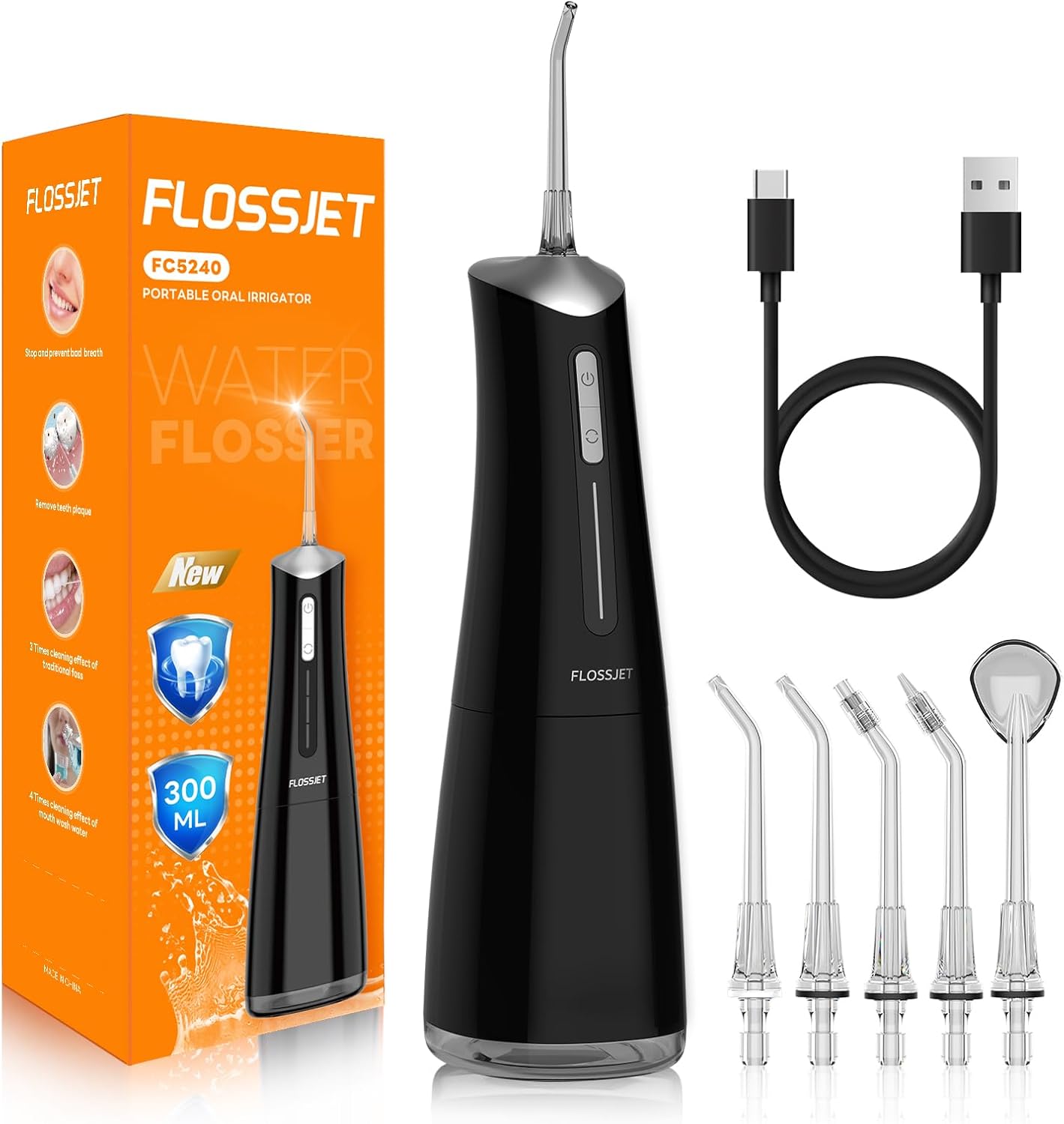 FlossJet Jet Dentaire Hydropulsuer Professionnel,Irrigateur Oral de 300ML,5 Buses 4 Modes USB Chargé Étanche IPX7,Jet Dentaire de Voyage,Hydropulseur Dentaire Sans Fil Portable Water Flosser(Noir)