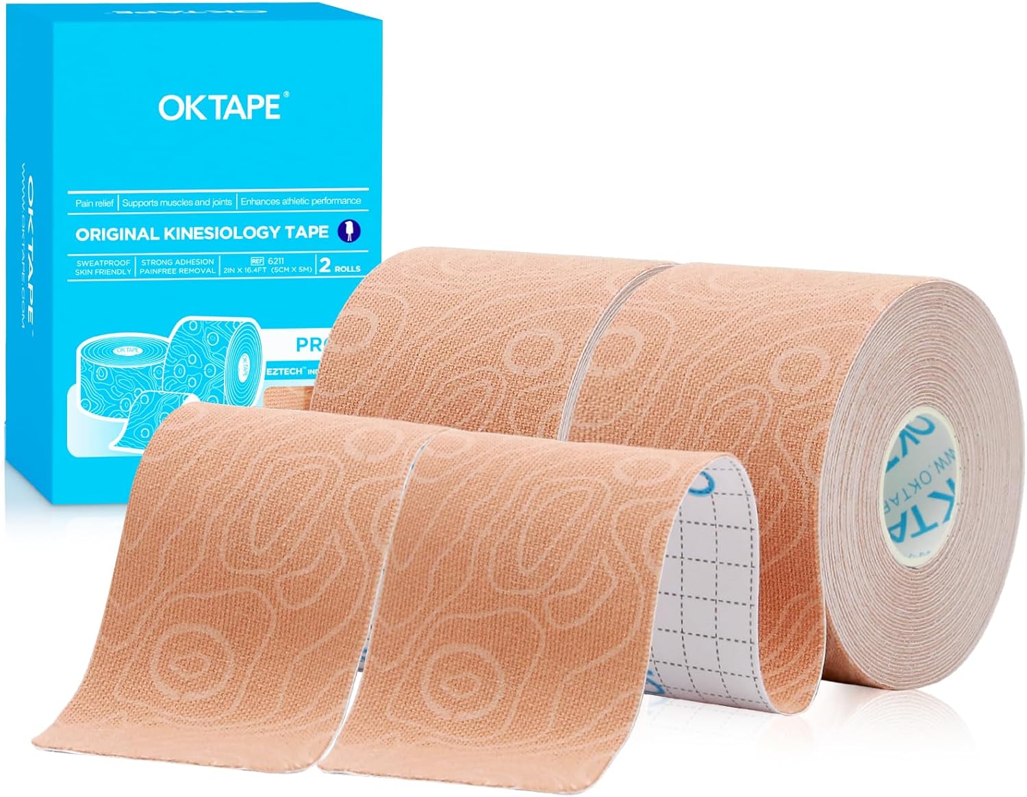 OK TAPE PRO Bande de Kinésiologie,Bande Physiothérapeutique, Bande Médicale, Sport et Physiothérapie,5cm x 5m,2 Rouleaux, Beige