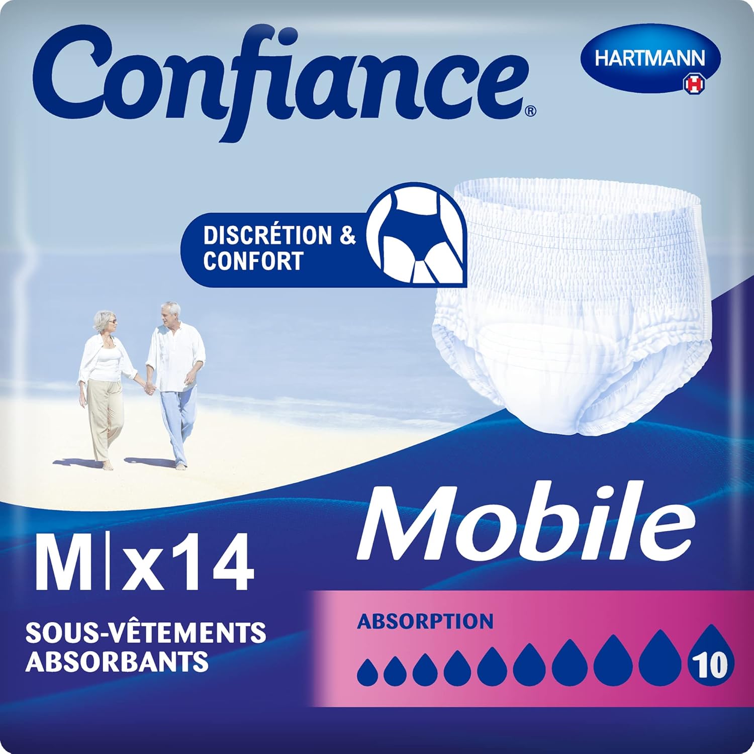 Confiance Mobile - Slips Absorbants pour Hommes et Femmes - Niveau d'Absorption = 10 gouttes (Fuites Urinaires Importantes) - Discrets et efficaces - pH Neutre à la Peau - Taille M - 14 Unités