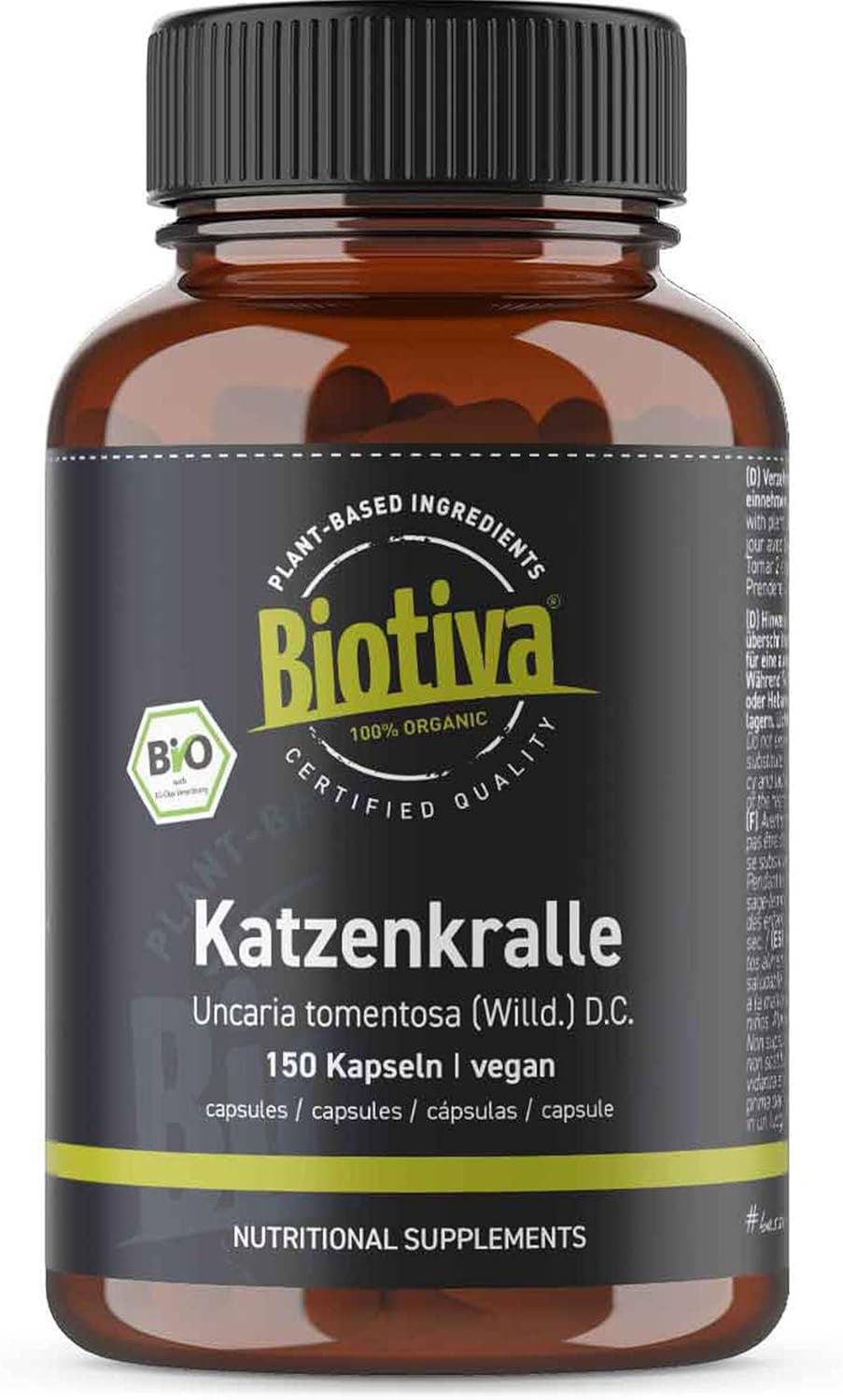 Gélules de griffes de chat bio - 150 pièces - Uncaria tomentosa (Willd.) D.C - certifié bio- Biotiva