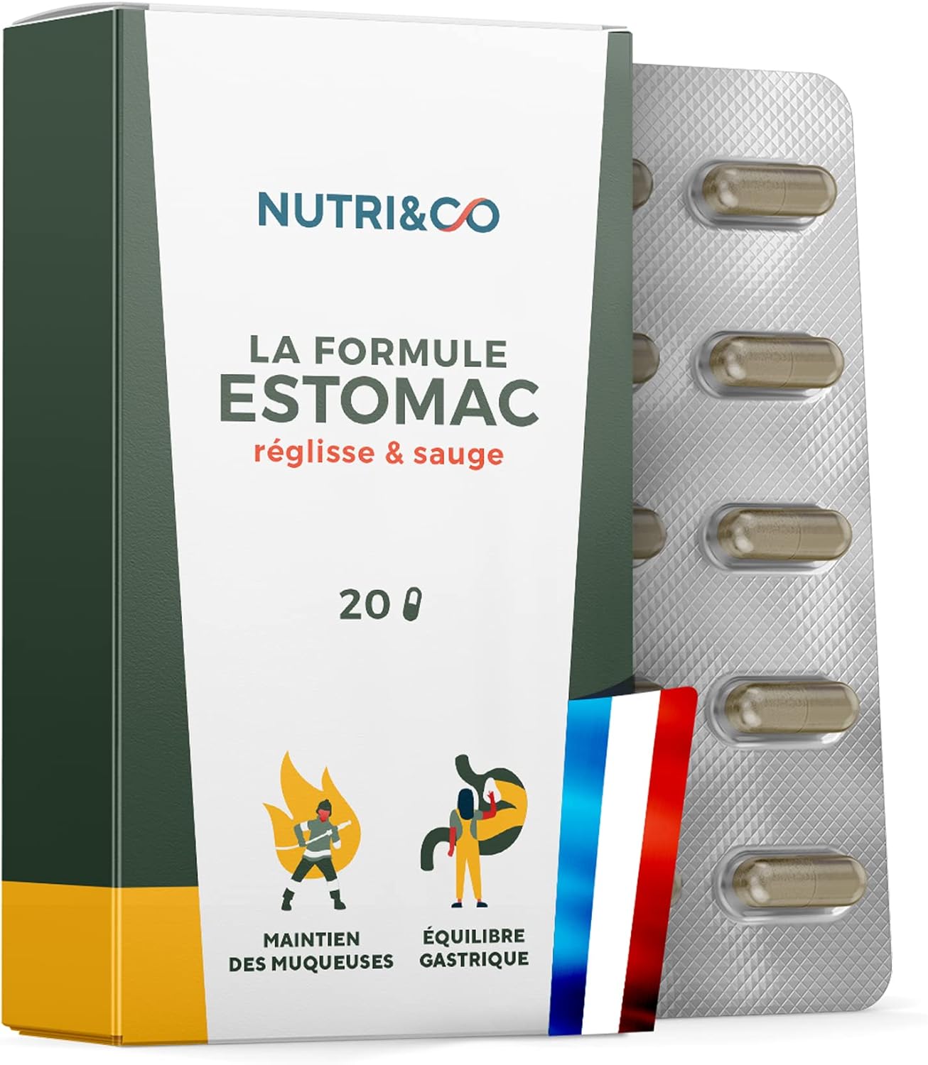 NUTRI & CO Formule Estomac - Inconfort Gastrique, Anti Reflux, Brûlures, Remontées Acides, Digestion Difficile - 100% Végétale Réglisse & Sauge - 20 gélules Vegan Nutri&Co - Fabriqué en France