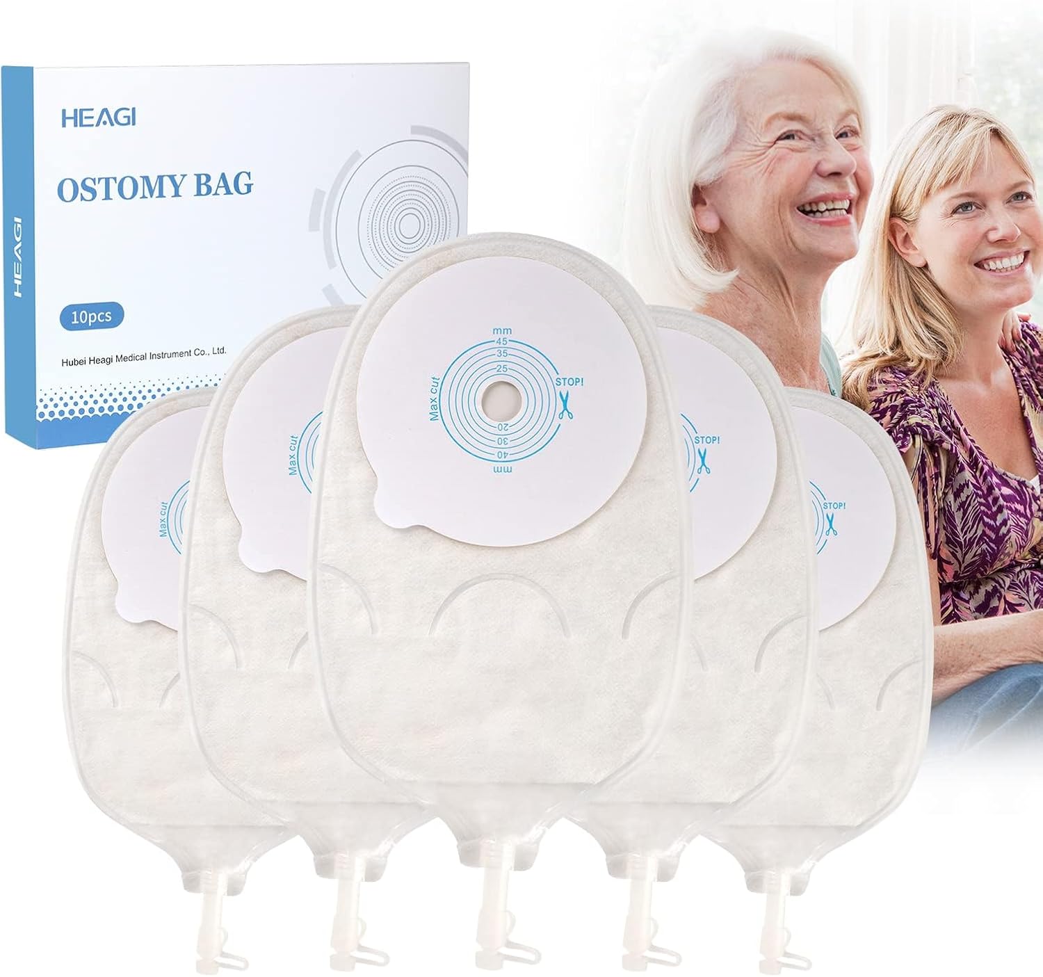 10 pcs de sacs d'urostomie, poche d'urostomie jetable à une seule pièce avec valve de drainage, sac de drainage anti-reflux pour les soins de stomie après iléostomie colostomie, coupe à la taille 45mm