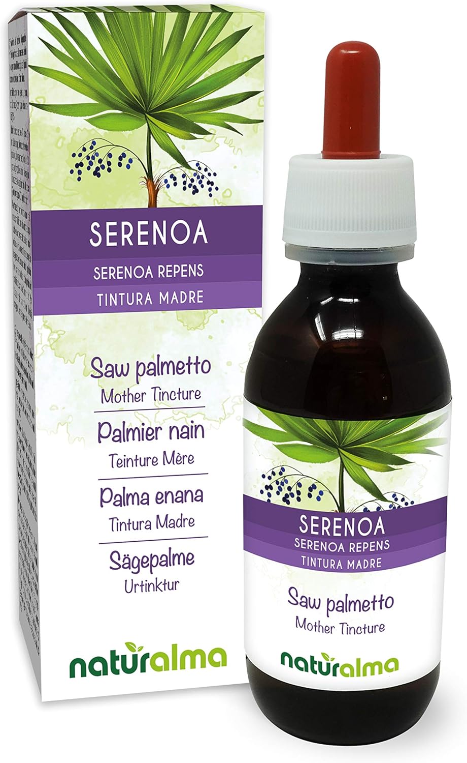 Palmier nain ou Palmier de Floride (Serenoa repens ou Sabal serrulata) fruits Teinture Mère sans alcool Naturalma - Extrait liquide gouttes 120 ml - Complément alimentaire - Végétalien ou végan