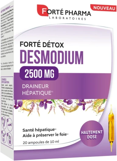 FortéDétox Desmodium 2500mg hautement dosé - Complément alimentaire santé du Foie, Draineur hépatique, élimination des Toxines - 20 ampoules, 1/jour