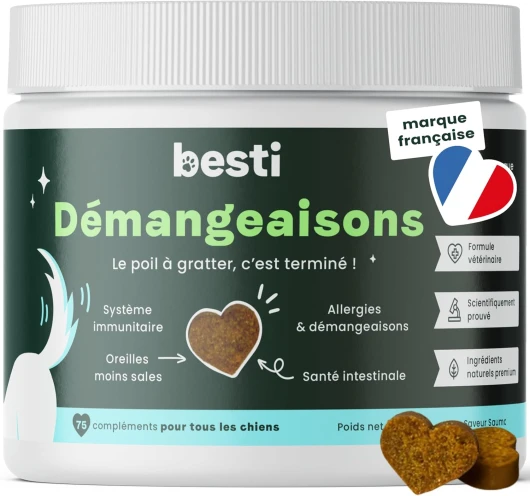 Démangeaisons - 75 Compléments Alimentaires Premium pour Chiens - Contre Léchages, Grattements, Mordillements - Omega 3, Probiotiques - Marque Française - Formule Vétérinaire - Saumon - 300g