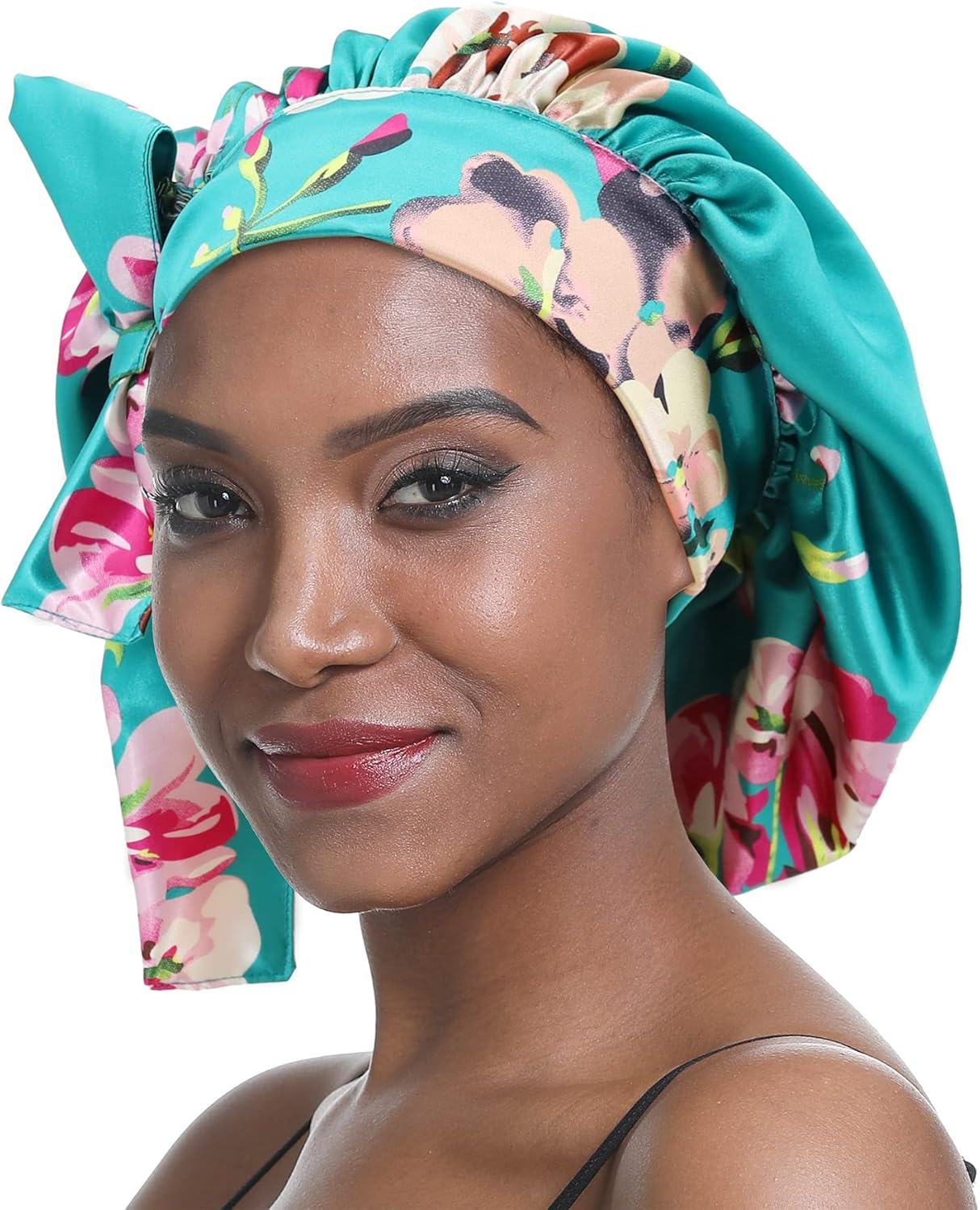 Bonnet de Nuit en Soie Femme aux Cheveux Bonnet en Satin Bonnet de Nuit Large Bande Soyeuse élastique à Double Couche pour Femmes Noires aux Cheveux Longs et bouclés