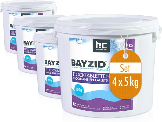Höfer Chemie 4 x 5 kg (20 kg) BAYZID® Floculant en Galets (100g) pour Piscine – Élimine Les Impuretés Facilement, Galets à Dissolution Progressive pour Filtration à Sable, Eau Claire et Cristalline