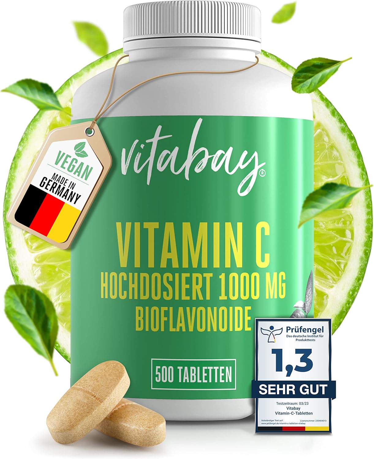 Vitamine C 1000 mg - 500 Comprimés de Vitamine C Naturelle à Libération Prolongée - Végane sans Additifs et à Haute Dose - Vitamine C avec Bioflavonoïdes d'Agrumes - Vérifié en Laboratoire