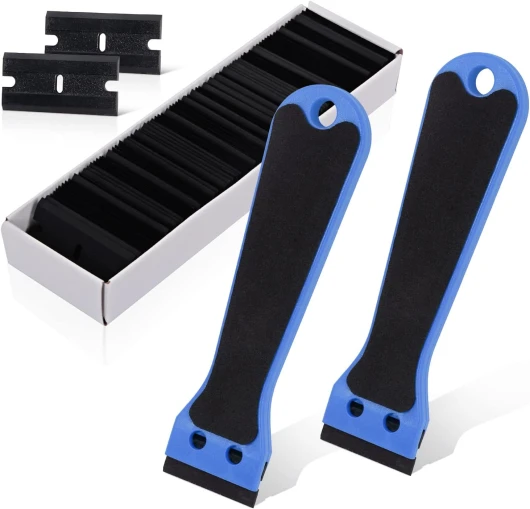 EHDIS 2 Grattoir Plastique avec 100 raclettes, Long Manche Grattoirs, pour Enlever les étiquettes, a colle, la peintureAutocollants et décalcomanies,bleu
