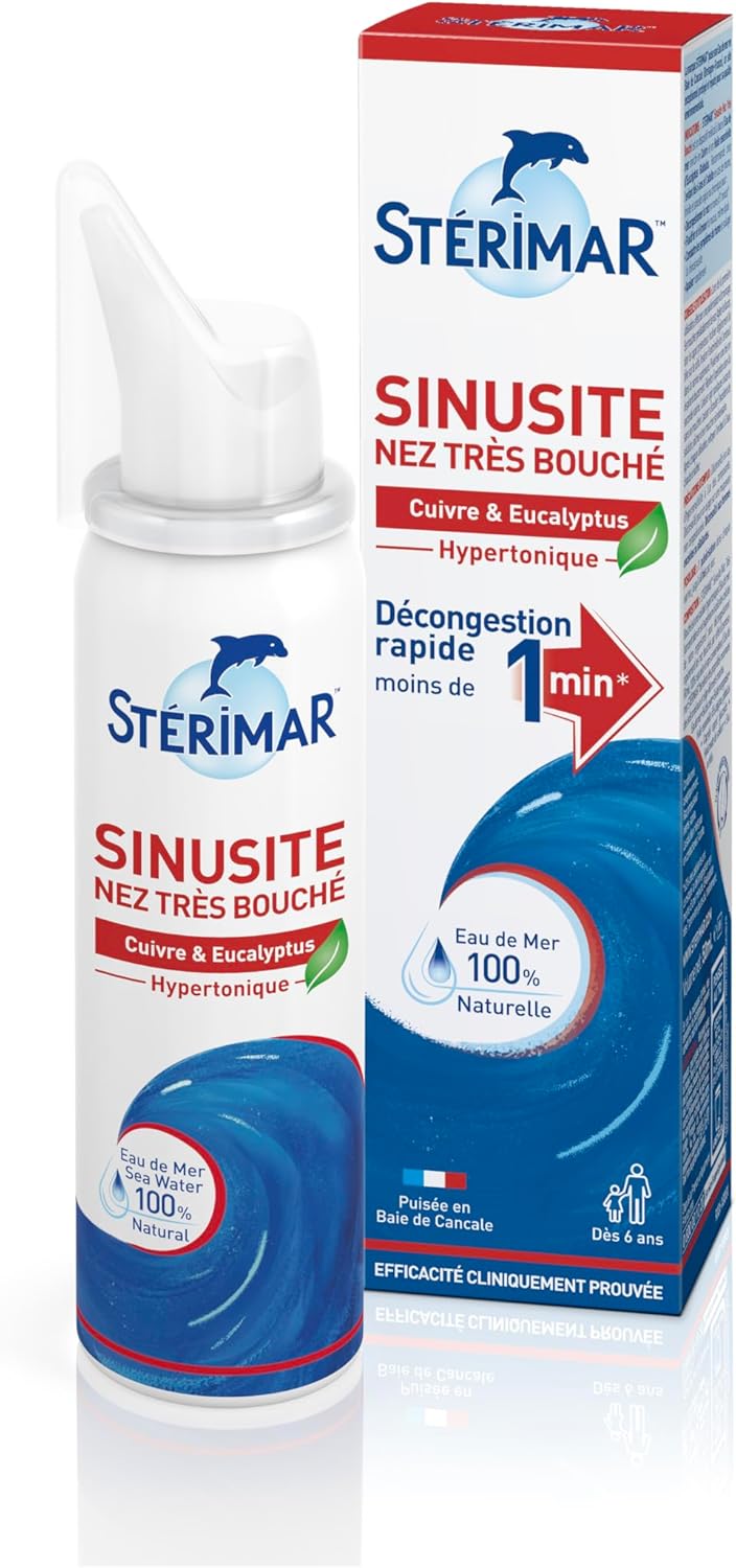 Sinusite Nez Très Bouché - Spray Nasal Décongestionnant, Agit en Moins d'1 Minute, à l'Eau de Mer 100% Naturelle & Cuivre/Eucalyptus/Acides Hyaluroniques, Formule Hypertonique, 50 ml
