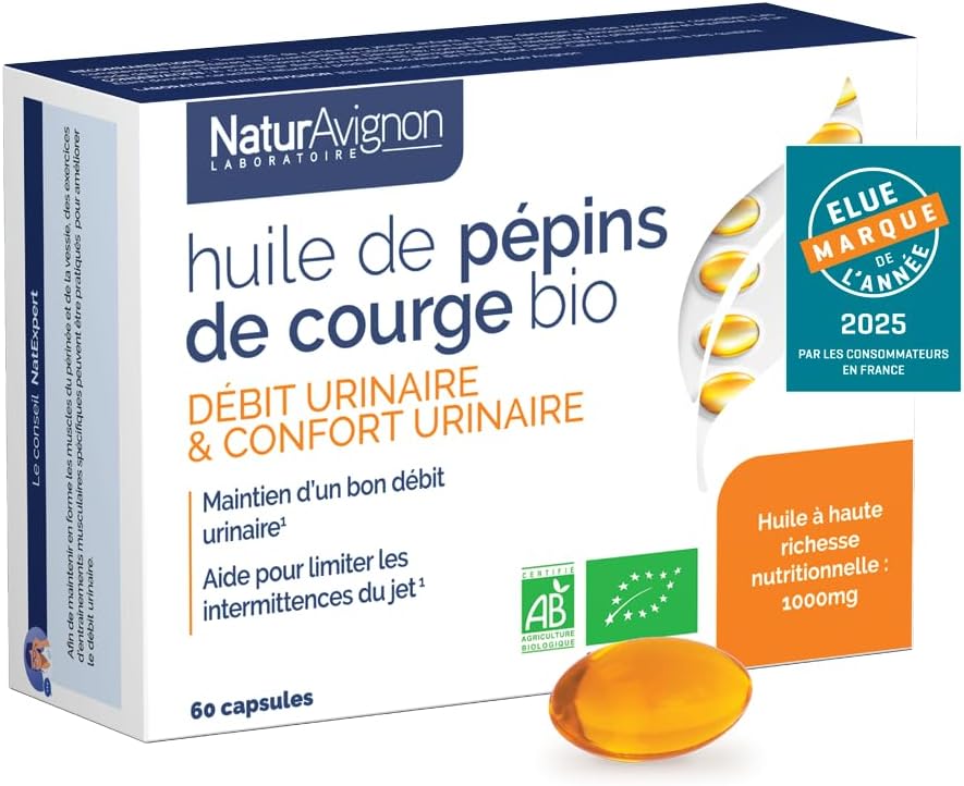 NaturAvignon Huile de Pépins de Courge BIO (graines de courge) - Confort urinaire, Prostate, Fuite urinaire homme - 1000mg huile de pepin de courge (graine de courge bio pumpkin seed oil) - 60capsules