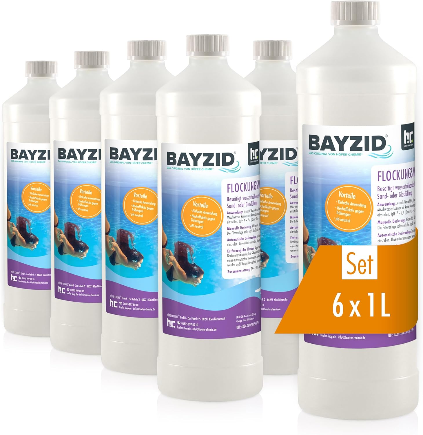 BAYZID® 6 litres (6 x 1 L) Floculant Liquide pour Piscine - Clarifiant Ultra - Efficace pour Eau Limpide, Compatible Filtres à Sable, Fabriqué en Allemagne