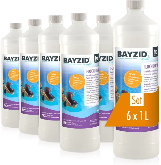 Höfer Chemie BAYZID® 6 litres (6 x 1 L) Floculant Liquide pour Piscine - Clarifiant Ultra - Efficace pour Eau Limpide, Compatible Filtres à Sable, Fabriqué en Allemagne