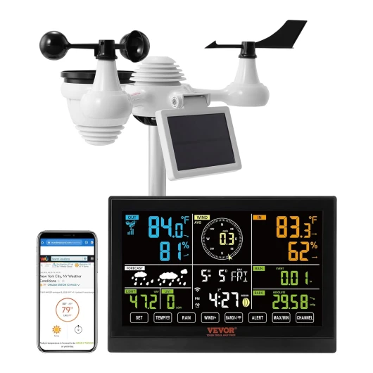 Station Météo Wifi 7 en 1 Station Météo Sans Fil Intérieur Extérieur Solaire Grand Écran Couleur 7,5 po Station Météo Numérique Capteur pour Température Humidité Vitesse Direction de Vent Pluie