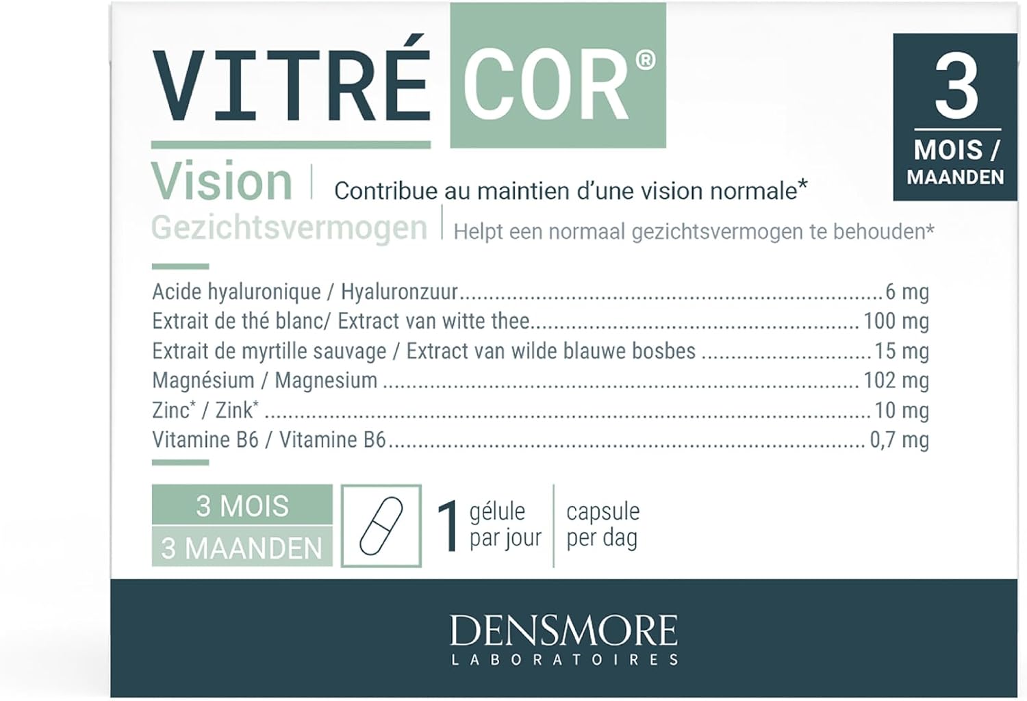Vitrécor - Complément Alimentaire Vision - Améliore le Confort Visuel et Contribue au Maintien de la Vision - Zinc, Magnésium, Vitamine B6-90 gélules - Cure de 3 mois - Fabriqué en Europe