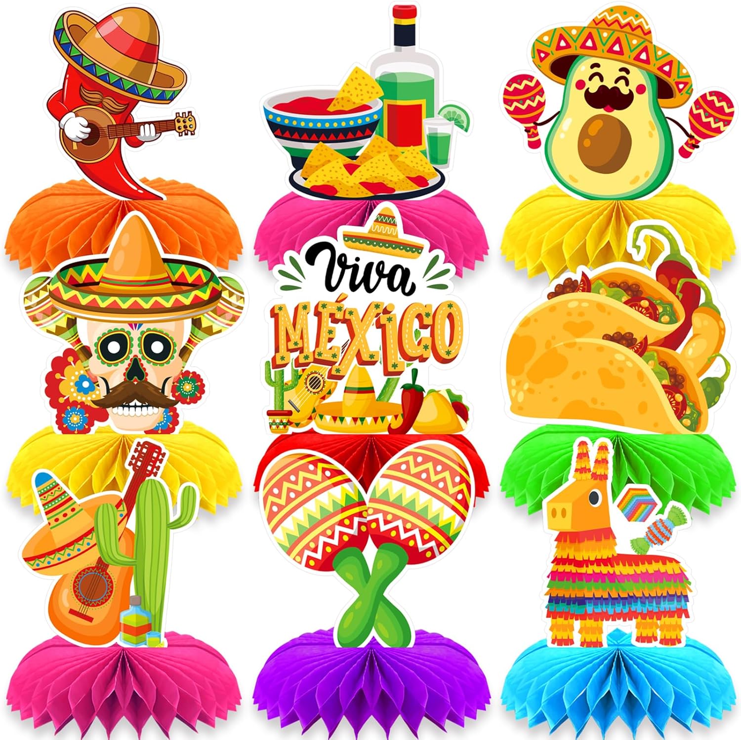 Qpout 9 pièces Décorations de fête de fiesta mexicaine Centres de table de fête de fiesta mexicaine pour tables, centres de table en nid d'abeille de fiesta, centres de table du Cinco de Mayo
