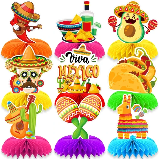 Qpout 9 pièces Décorations de fête de fiesta mexicaine Centres de table de fête de fiesta mexicaine pour tables, centres de table en nid d'abeille de fiesta, centres de table du Cinco de Mayo