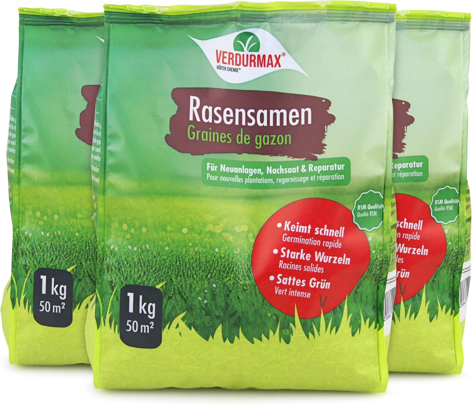 Verdurmax 3 x 1 kg de semences de gazon – Mélange de haute qualité pour 40 m² de pelouse dense, résistante et à germination rapide – Idéal pour la création, le regarnissage et la réparation du gazon