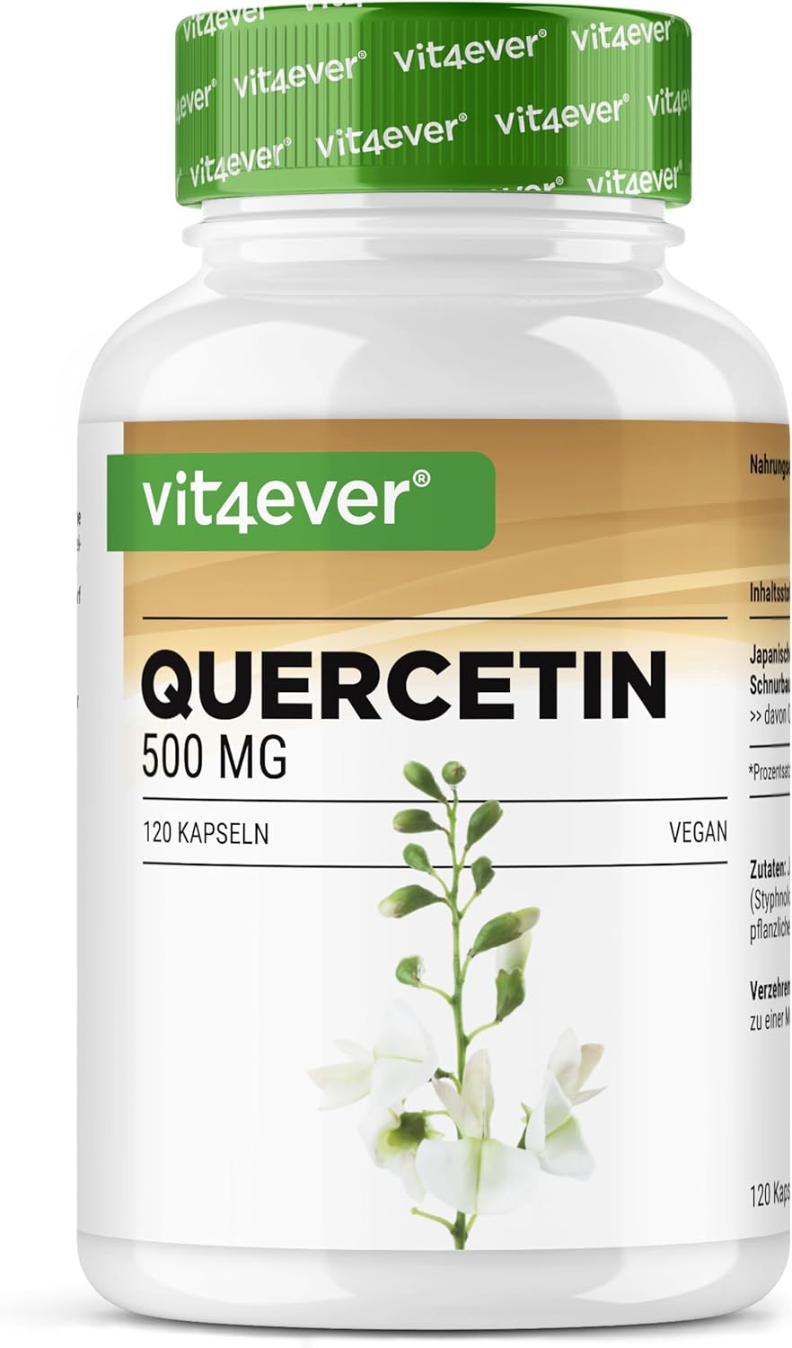 Quercétine - 500 mg - 120 gélules - 4 mois d'approvisionnement - Testé en laboratoire - Naturellement fait à partir d'extrait de fleur de cordage japonais - Dose élevée - Végétalien