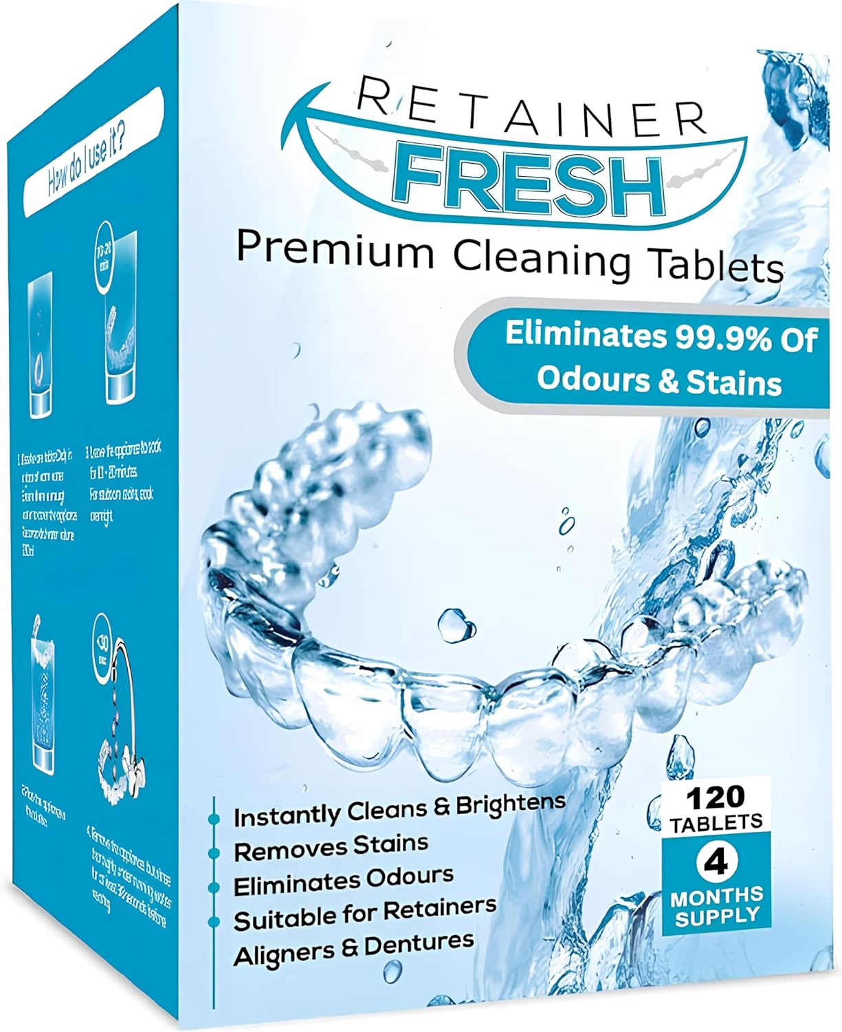 Tablettes de nettoyage Retainer – 120 comprimés 4 mois Retainer Fresh, Brite et Stain Free Tablets – Tablette de nettoyage pour appareils orthodontiques et gouttières, prothèses dentaires, aligneurs