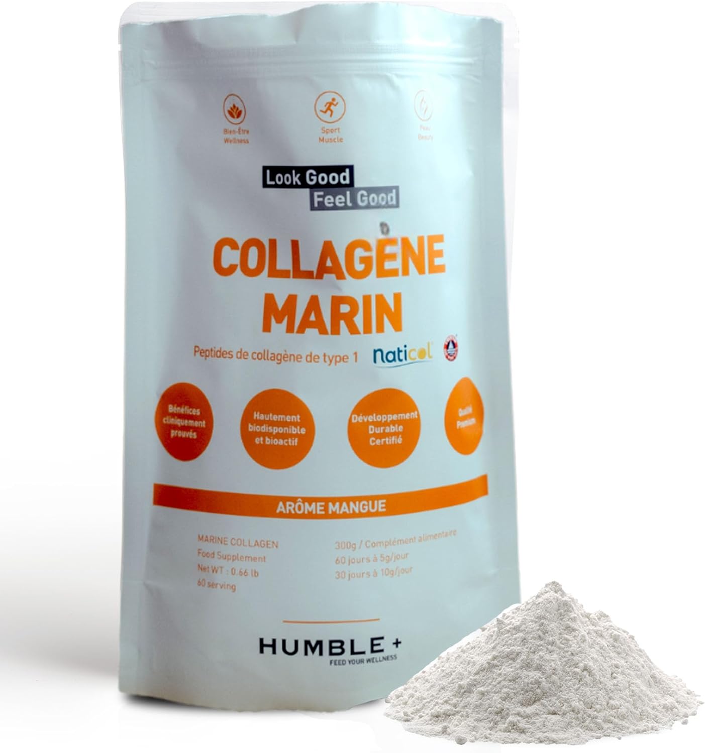 Poudre de Collagène Marin Naticol®, paquet 300 g - Labélisé durable Saveur mangue - Confort articulaire et récupération musculaire - 60 portions à 5 g/jour