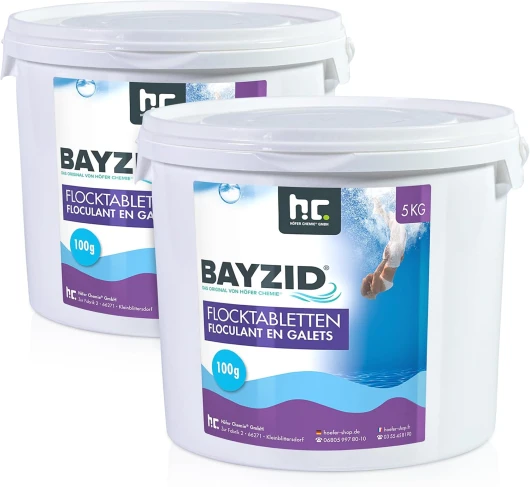 Höfer Chemie 2 x 5 kg (10 kg) BAYZID® Floculant en Galets (100g) pour Piscine – Élimine Les Impuretés Facilement, Galets à Dissolution Progressive pour Filtration à Sable, Eau Claire et Cristalline