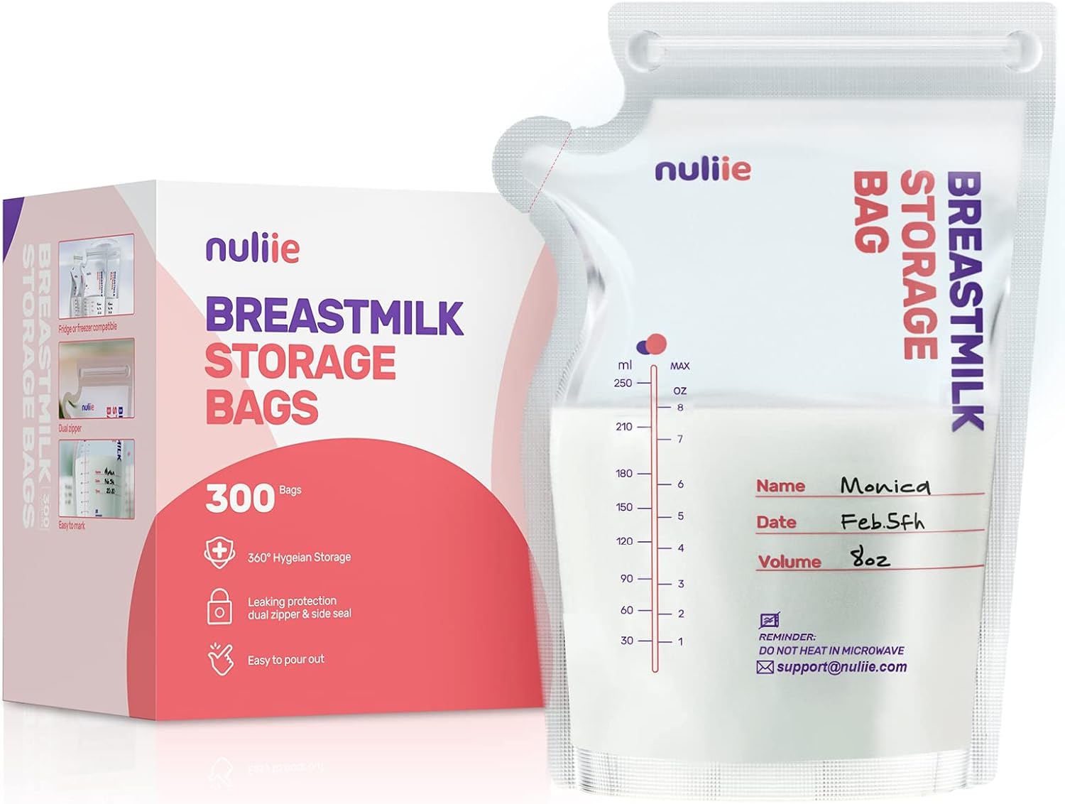 Nuliie Sachets de Conservation Lait Maternel Lot de 300, 250ml sachet conservation lait maternelle pré-stérilisés, sans BPA, double glissière de sécurité, sac congelation lait maternel