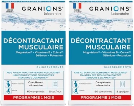 Décontractant Musculaire Crampes, gênes, raideurs musculaires Magnesium, Vit B, Cuivre, Selenium, Potassium Pour toute la famille Fabriqué en France 2x60 comprimés