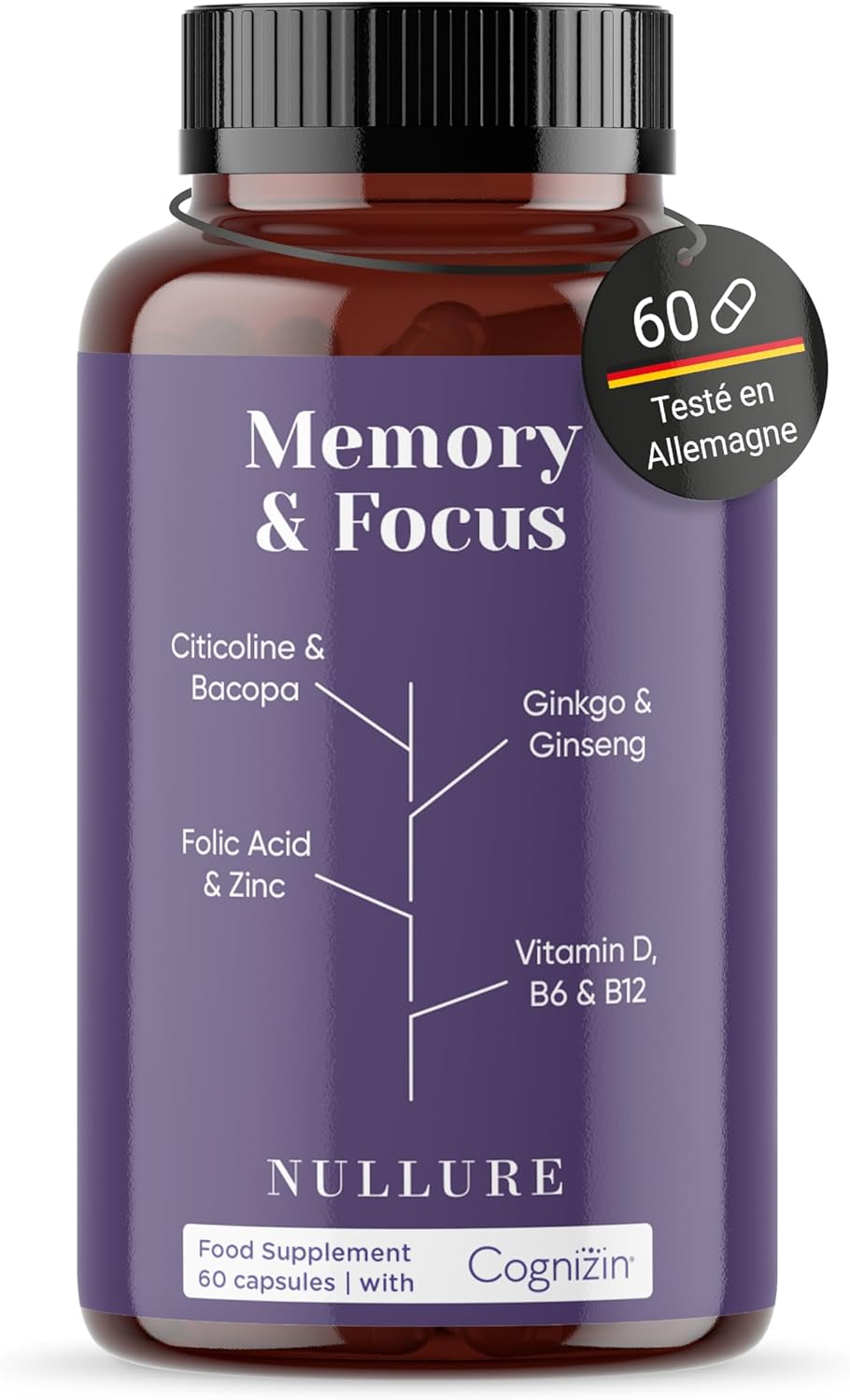 Nootropique Mémoire et Concentration - Stimulant Cognitif · Énergie · Vivacité Mentale - Citicoline COGNIZIN + Ginkgo Biloba 6000mg + Bacopa Monnieri + Ginseng + Zinc - Sans Caféine - 60 cps.