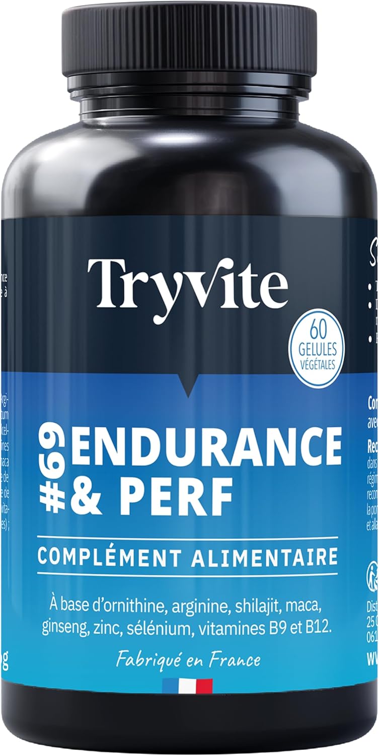 Formule Endurance Homme – Pour Circulation Sanguine – Booster Testostérone, Vigueur, Énergie – Shilajit, Maca, Ginseng, Arginine, Zinc – TRYVITE ENDURANCE & PERF – 60 Gélules