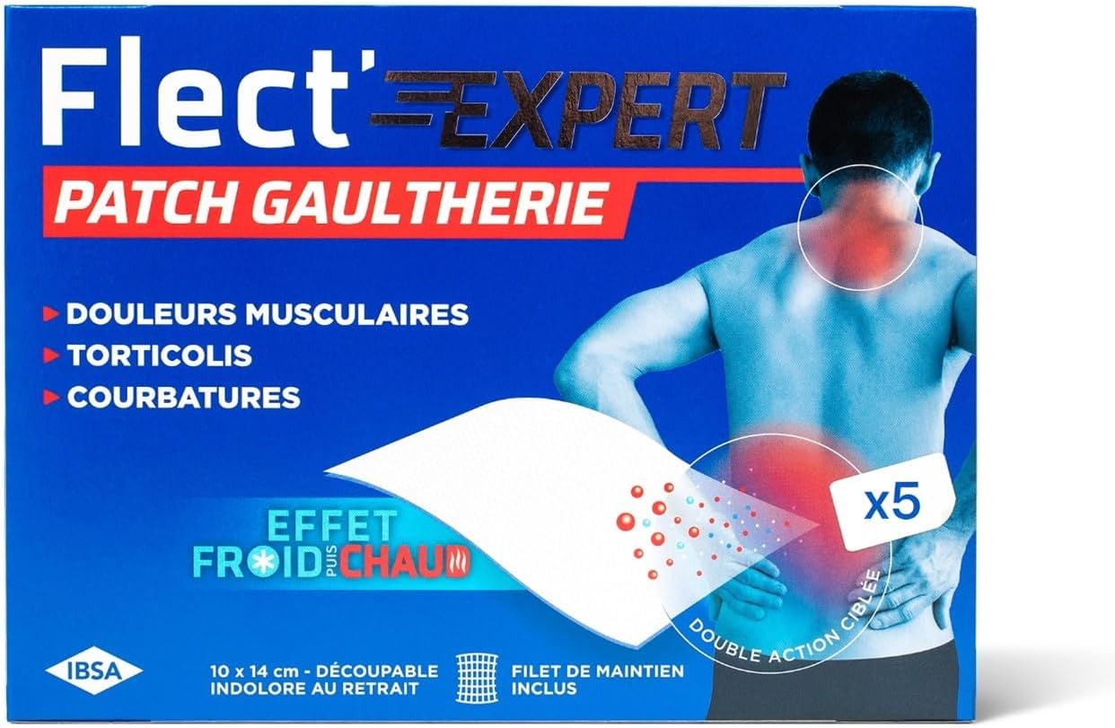 FLECT'EXPERT - PATCH GAULTHERIE - Courbatures, torticolis, douleurs musculaires - Effet Froid/Chaud - Technologie Hydrogel - Boîte de 5 patchs - Dispositif médical