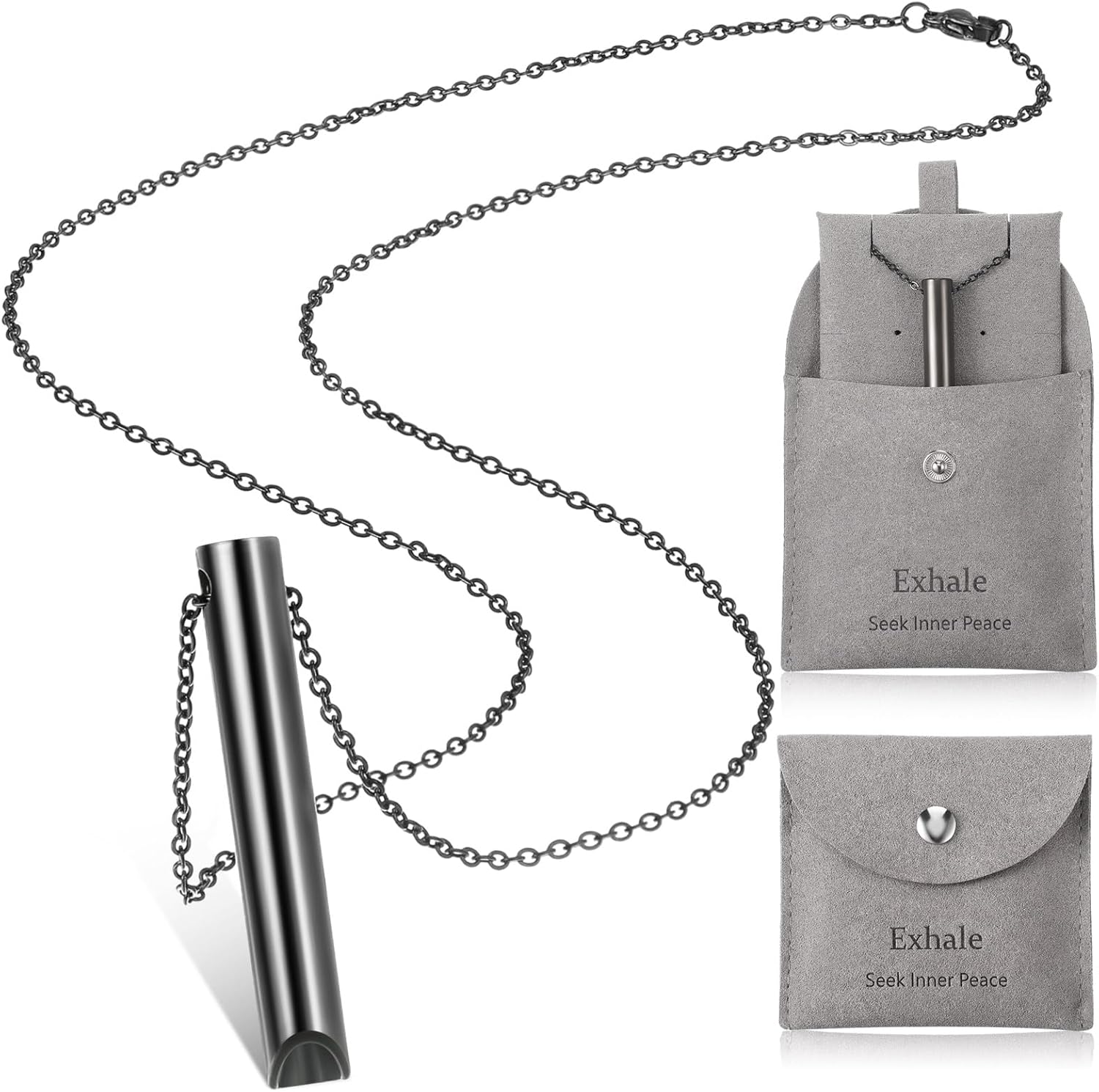 Fiada Collier de Soulagement d'Anxiété, Collier de Respiration Consciente en Acier Inoxydable Sac à Bijoux Portable Collier de Respiration Profonde pour Méditation Relaxation Anti-Stress (Noir)