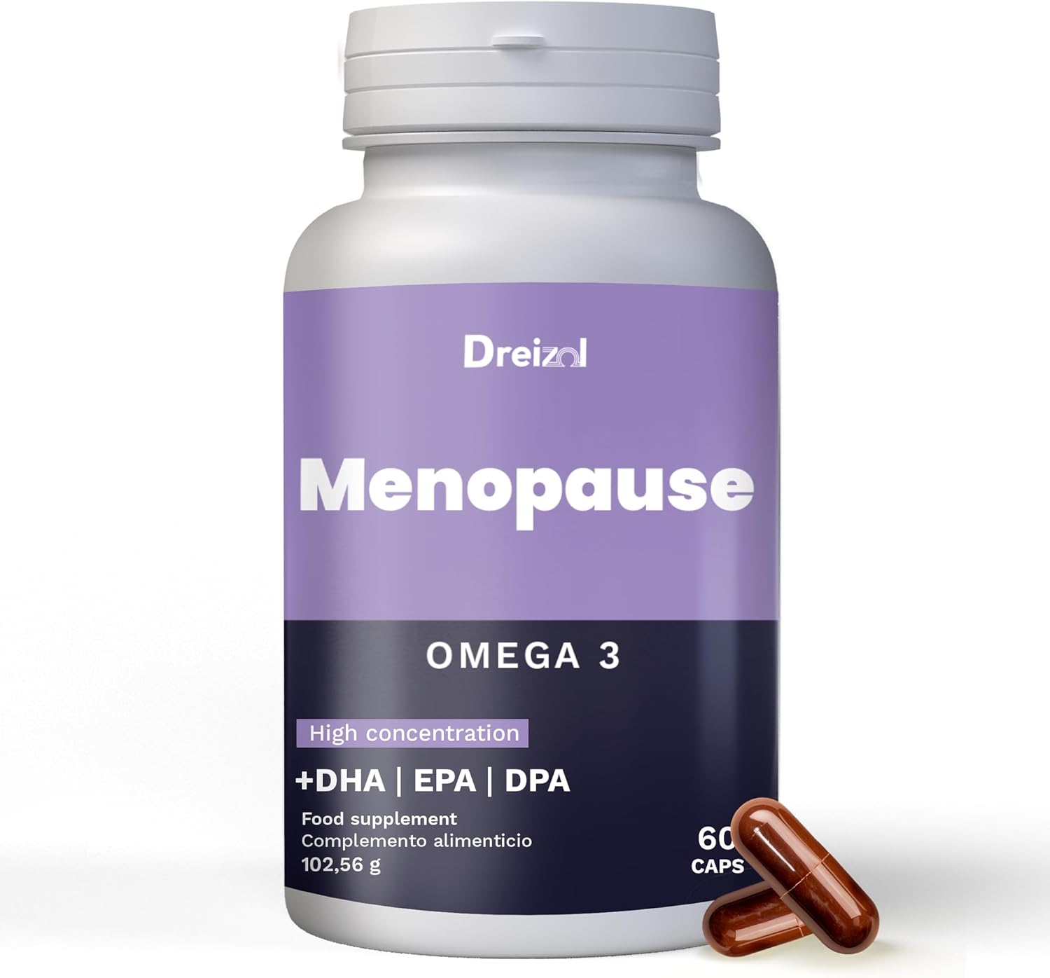 DREIZOL Ménopause - 8 en 1 - Formulé avec Oméga 3, Vitamine B, D et E - Calcium, Magnésium, Zinc, Sélénium, Manganèse - Biotine et Fer - Aide à Réduire les Bouffées de Chaleur et la Transpiration