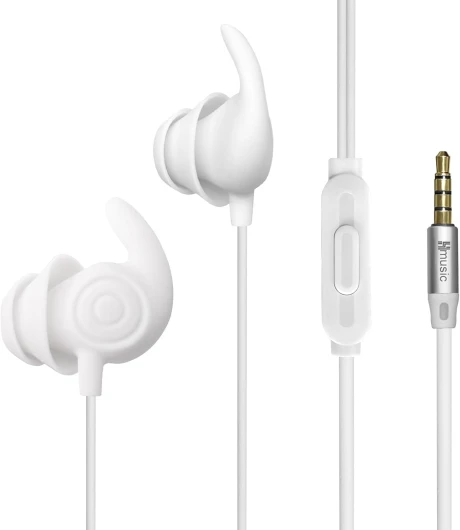 Hmusic Écouteurs de Sommeil filaires, Ultra légers en Silicone Souple de 3,5 mm avec Micro pour Le Sommeil latéral, Le Yoga, Les Voyages, la méditation (Blanc)