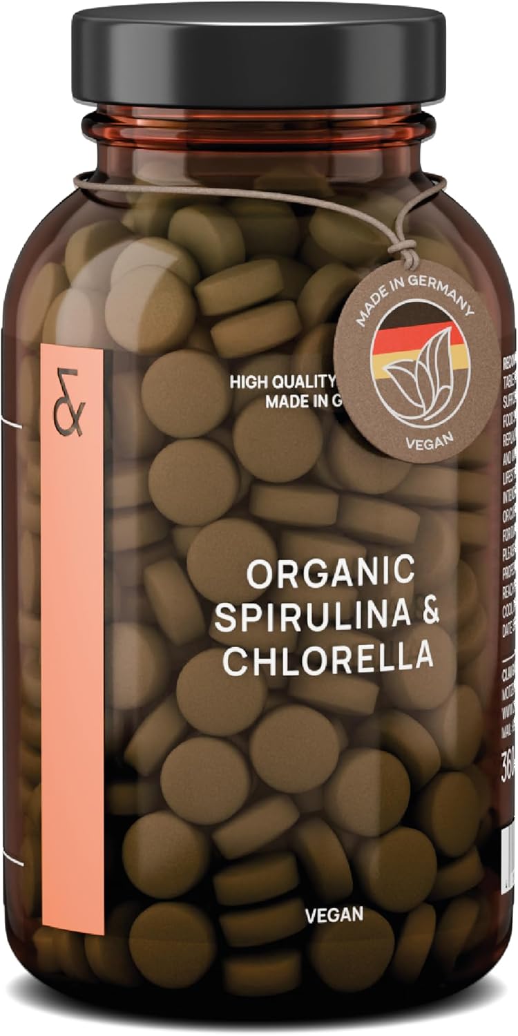 Spiruline Chlorella BIO - 360 comprimés de 500mg - Qualité Supérieur - Riche en Protéines, Minéraux & Antioxydants - Hautement dosé, Sans Additifs & Vegan