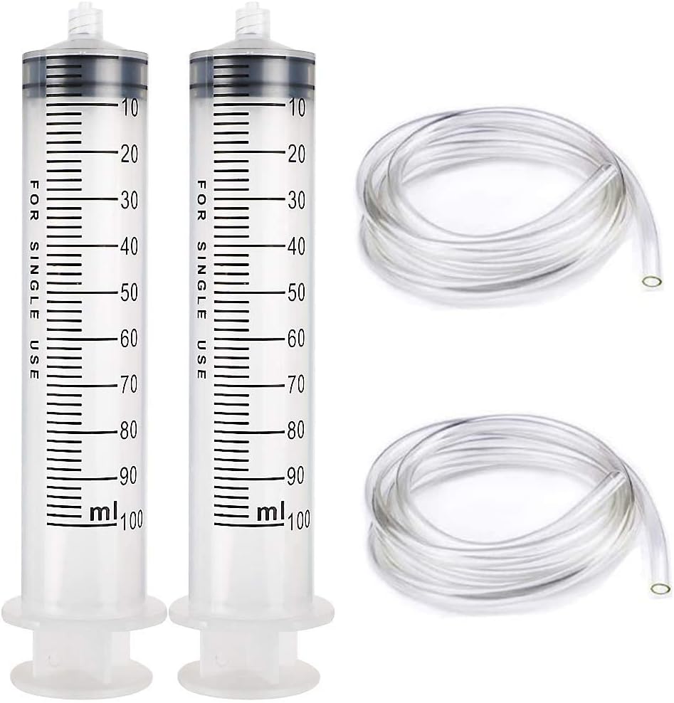 Gebildet 2PCS 100ml Plastique Seringue avec 1m Tube,en Plastique Réutilisable Seringue a Huile Seringue D’alimentation pour Vider les Bocaux de Liquide de Frein[Utilisation non médicale]
