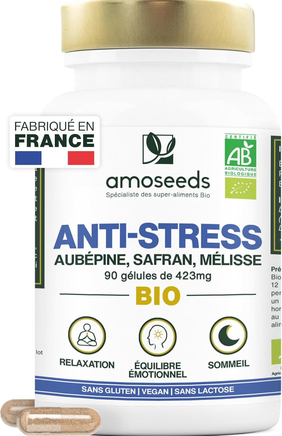 Anti-stress BIO - Aubépine, Safran, Mélisse - Équilibre Émotionnel, Relaxation, Réduit la Tension Nerveuse - 90 gélules de 423mg - Fabriqué en France - Qualité Supérieure