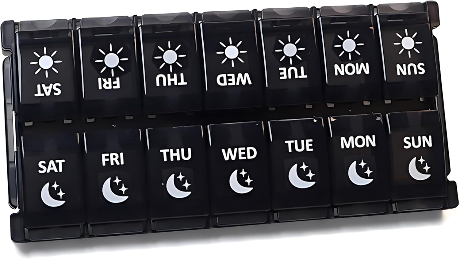 Boîte à Pilules Piluliers Bouton poussoir 14 compartiments Facile à charger Distributeur Semaine Matin et Soir Voyage Portable Anti-poussière pour Vitamines, Huile de Foie de Morue