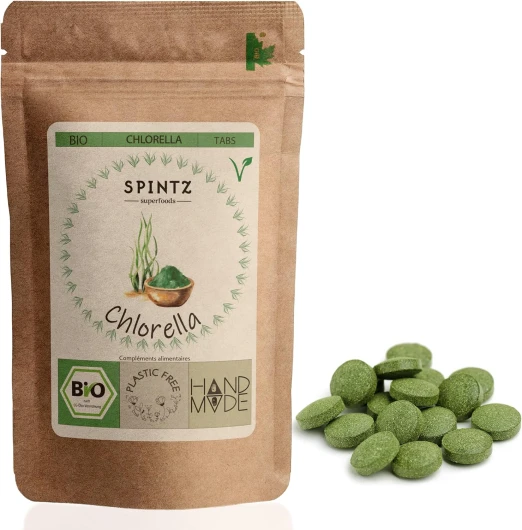SPINTZ® 200 pcs - Comprimés de chlorella bio 100% culture biologique contrôlée - Comprimés de chlorella emballés sans plastique et de manière durable - Comprimés de chlorella végétal 500mg/Tab (100g)