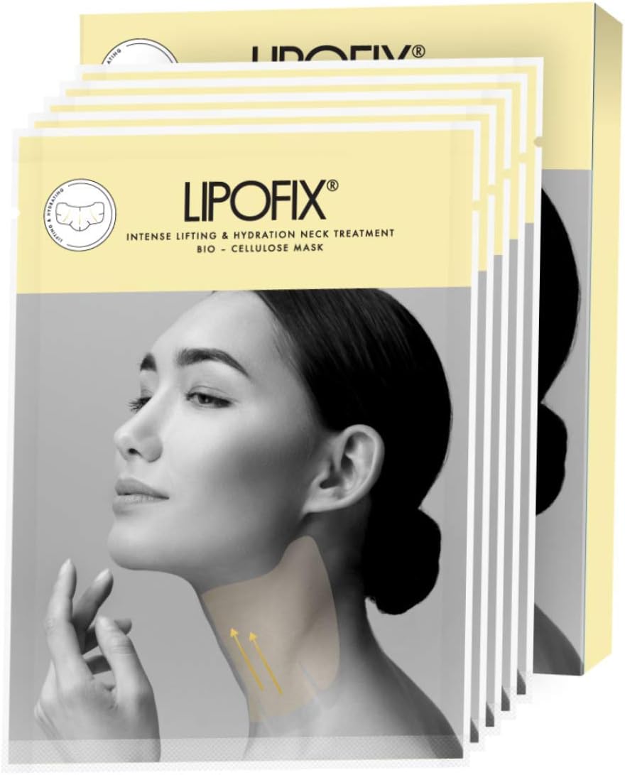 LIPOFIX Masques Pour Le Cou Pour Les Soins De La Peau - Masques Pour Le Double Menton Et Le Lifting Du Cou - Traitement Intense Du Cou En Biocellulose, Anti-âge Et Anti-rides - 5 Masques
