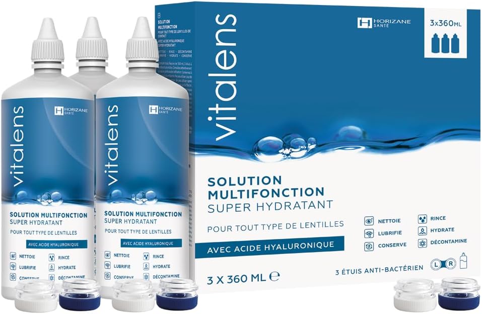 VITALENS - Solution Multifonction pour Tout Type de Lentilles de Contact - 6 en 1 : Décontamine, Nettoie, Rince, Déprotéinise, Lubrifie, Conserve, Hydrate - Acide Hyaluronique - 3x360ml