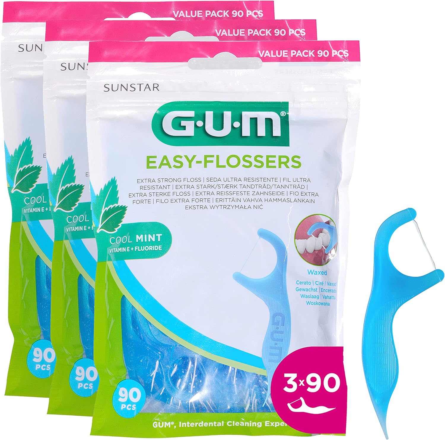 EASY-FLOSSERS - Porte-fil dentaire - Élimine les résidus alimentaires et la plaque entre les dents - Recouvert de fluor et de vitamine E - 3x90 porte-fils