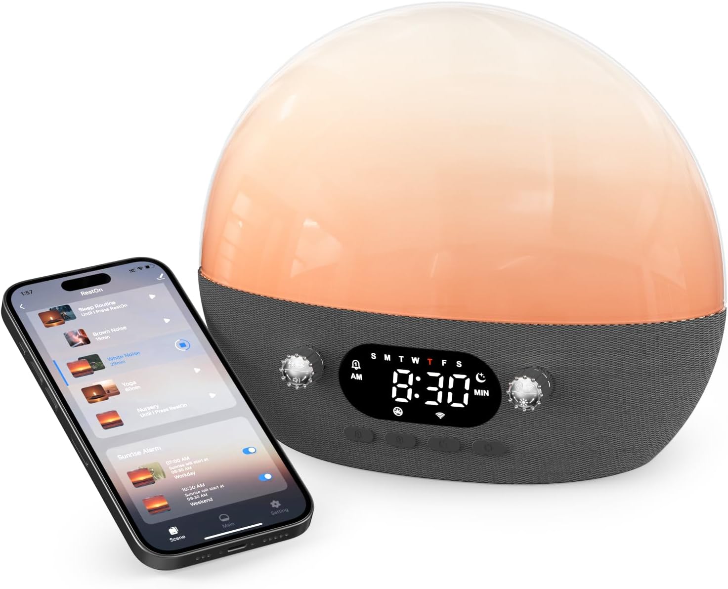 Machine à Bruit Blanc, Contrôle APP Reveil Lumineux, Veilleuse Bruit Blanc 11 Sons Apaisants Aide au Sommeil pour Bébé, Enfant, Adult, Sonothérapie pour Insomnie Pépinière